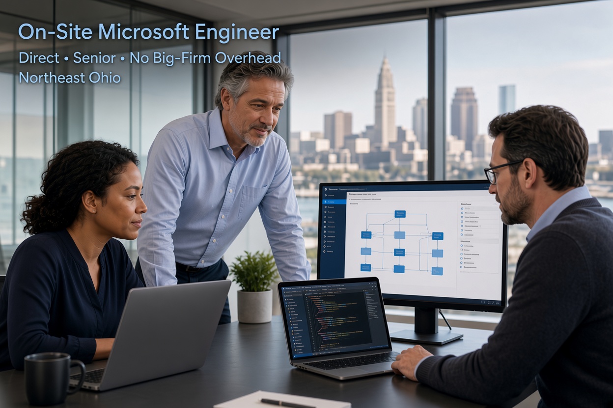 An engineer at a conference table with two clients, walking them through an architecture diagram on a monitor and code on a laptop, with the Cleveland skyline through the window behind them. Captioned: On-Site Microsoft Engineer. Direct. Senior. No Big-Firm Overhead. Northeast Ohio.